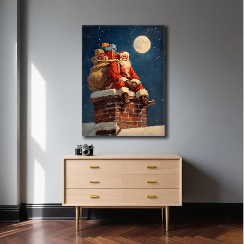 Toile Père Noël décoration murale rustique avec cheminée et cadre