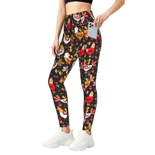 Leggings de sport avec poches pour femme motif coq et poules taille haute