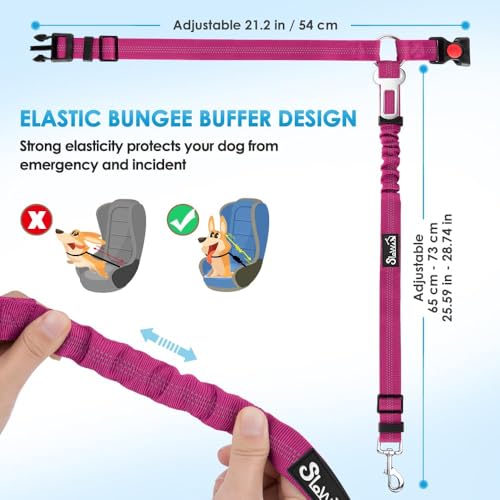 Image of SlowTon Dog Seat Belt for Car, 2 Pack Dog Car Harness Seatbelt with Bungee | 2 in 1 Pet Car Leash Headrest Restraint & Dog Safety Tether Clip, Adjustable with Elastic Buffer, Reflective, Fushia M /L