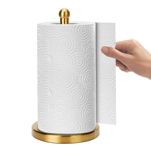 Gold Paper Towel Holder Countertop, Freestanding Paper Towel Holder Stainless Steel Heavy Weighted Base, One-Handed Design for Easy Ripping (Gold Brushed)