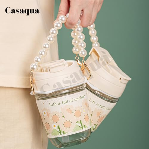 Image of Glass Coffee Tumbler with Lid and Straw - Pack of 1, 350ML, Milk Mug with Pearl Chain Belt & Leather Grip Reusable Travel Sipper Cute Mugs for Girls for Juice Smoothies iced Tea Cups