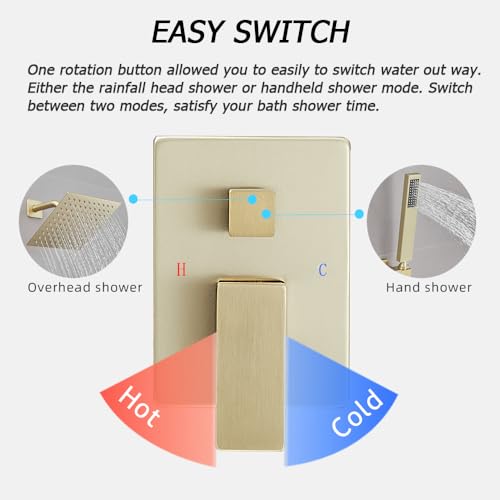 Image of Brushed Gold Shower System, 8 Inch High Pressure Rain Shower with Handheld, Wall Mount Shower Faucet Set for Bathroom, Rough-in Valve Body and Trim Included