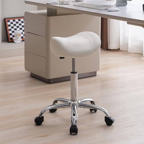 Image of FIRAVOE Saddle Stool, Swivel Saddle Stool with Wheels, Adjustable Rolling Stool 18 inch-26 inch, Faux Leather Rolling Stool for Salon, Massage, Clinic, Lab, Office, White, 1PCS