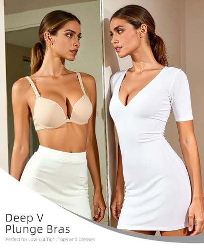 Image of Upushall Push Up Padded Bra Plunge T-Shirt Bras for Women Add 2 Cup Sizes