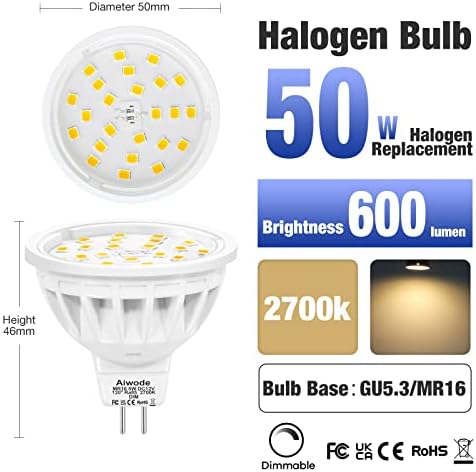 Aiwode 5W Dimmable GU5.3 MR16 LED Bulbs,Warm White 2700K,Equivalent 50W Halogen Lamp,DC12V 600LM RA85,120°Beam Angle Gu5.3 Spotlight,Pack of 5.