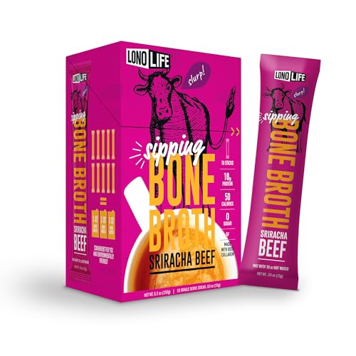 LonoLife Sriracha Beef Bone Broth Powder Mix | Grass-Fed, 10g Protein | Collagen-Rich, Keto & Paleo Friendly | Natural Ingredients | 10 Portable Stick Pack Servings