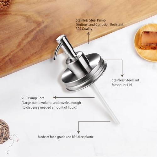 Image of Amolliar Mason Jar Liquid Soap Dispenser Pump, Rust Proof Stainless Steel Lid, Refill Liquid Soap Pump for Kitchen, Bathroom, Cute Farmhouse Decor for Hand Soap, Dish Soap, Lotion Soap, Silver 2 Pack
