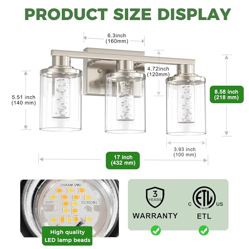 Image of DORESshop 3-Light Brushed Nickel Bathroom Light Fixtures, Crystal LED Bathroom Lights Dimmable Light with Clear Glass Shade,Vanity Lights for Living Room