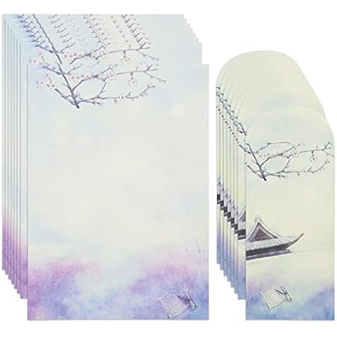 16Pcs Chinese Style Vintage Stationery Paper and Envelopes Set, 8 Letter Writing Paper with 8 Matching Envelopes, Antique Letterhead 10 x 7 " for Handwriting Printing Party Invites (Plum Blossom) Cover