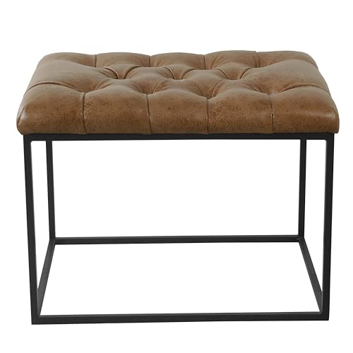 Image of HomePop Home Decor | Upholstered Tufted Faux Leather Ottoman Bench| Ottoman Bench for Living Room & Bedroom | Decorative Home Furniture (Distressed Brown Faux Leather) Small