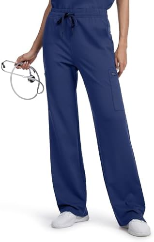 Tapata Wide Leg Scrub Pants for Women - 28/30/32/34 Inseam High Rise Straight Leg Yoga Scrub Uniform Pants with 7 Pockets, 32", X-Large, Navy Blue