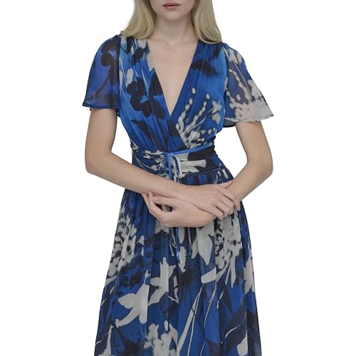 DKNY Women's Short Sleeve Surplice Neck Ruched Drawstring Waist Maxi Dress2