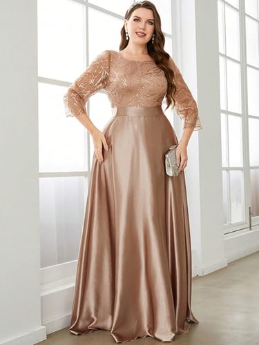 Women's Plus Size Sequin Embellished with Satin A-line Hem 3/4 Sleeves Formal Evening Gown Maxi Long Dress4