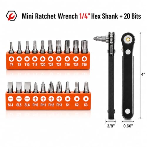 Image of Bates- Low Profile Right Angle Screwdriver with Drill Bits Set, 21 pcs, 1 /4 inch Mini Ratchet Screwdriver with Tamper Proof Torx, Hex Bits, Square Bits for Tight Spaces