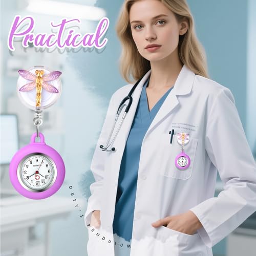 Reloj de enfermera retráctil con cubierta de silicona de libélula y segundero 7