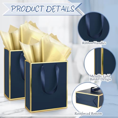 Image of Yeaqee 24 Pack Metallic Paper Gift Bag with Tissue, Navy Blue, Gold | with Satin Ribbon Handle and Tissue, 9x7x3.1 Inch, Suit Business, Birthday, Christmas, Thank You Return Gifts Bags