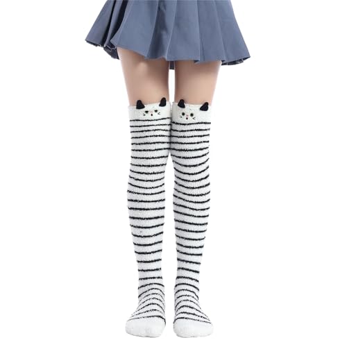 Image of Thigh High Fuzzy Socks Cute Animal Coral Fleece Over the Knee Thigh High Long Stockings Warm Stripe