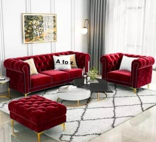 Image of A to Z Furniture Modern Classic Fabric & Valvet Tufted Chesterfield 3 Seater Sofa Living Room And Office(Maroon)