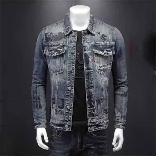 Men's Spring Denim Jacket Retro Slim Fit Single Breasted Lapel Embroidered Letters Motorcycle Jacket2