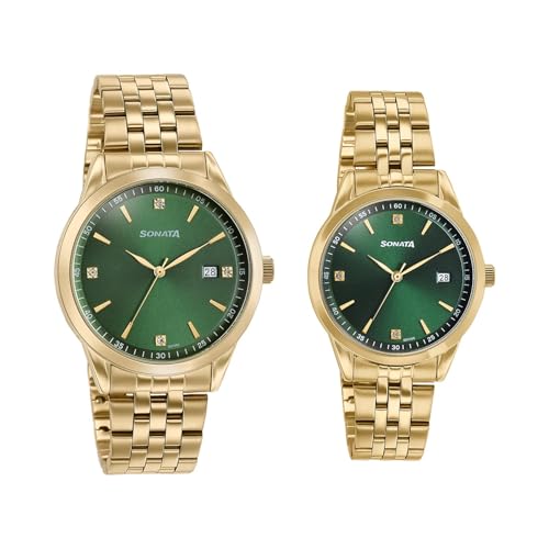 Image of Sonata Jashn with Quartz Analog Green Dial Gold Strap Men and Women (Pair) Wedding Watch - 7721287126YM01