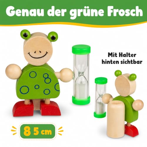 MIJOMA Zahnbürstenhalter aus Holz mit Sanduhr – lustige Tierfiguren, ca. 8x8,5 cm – spielerisches Zähneputzen, 3 Minuten Timer, pädagogisch & dekorativ (Frosch Grün)