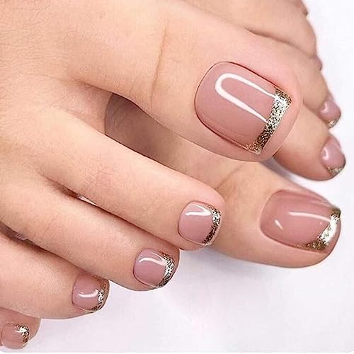 Handcess French False Toe Nails Pink Glossy Press on Toe Nail Ballerina Fake Toe Nails Full Cover Acrylic Toe Nail Art Tips for Women and Girls 24Pcs