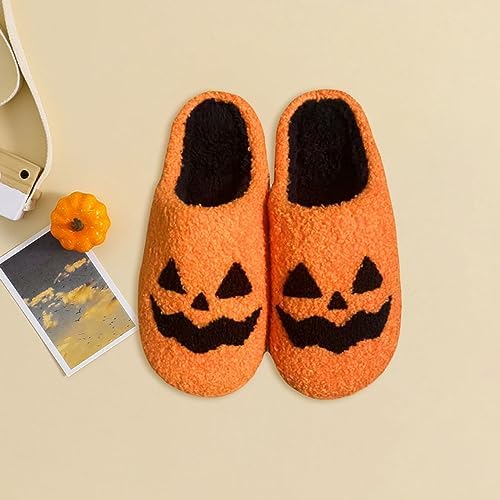 Pantoufles Halloween Femme - Chaussons En Peluche Motif Citrouille | Chauds, Confortables, Pour Intérieur | Taille Ajustable