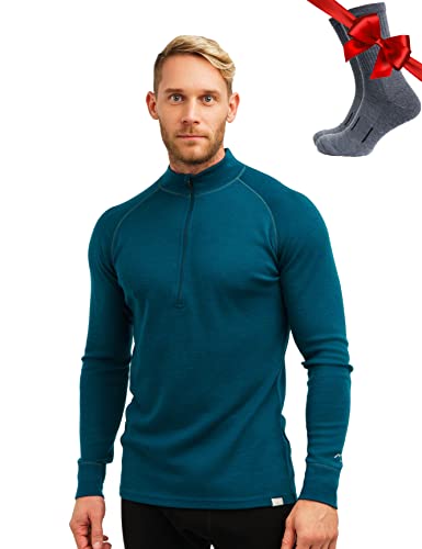 Couche de base en laine mérinos pour homme - Demi-fermeture éclair pour homme - Pull en laine mérinos quart de poids moyen lourd, 250 Bleu sarcelle profond, Taille L Cover