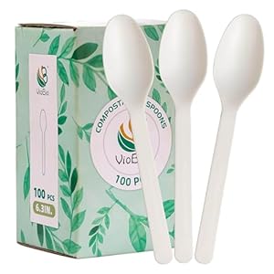 100% Compostable Spoons 100 Pack Disposable CPLA Spoons 6.2 in Compost Eco-Friendly Cornstarch Cutlery Heat Resistant Heavyweight Spoons for Parties, Catering Services, Gatherings