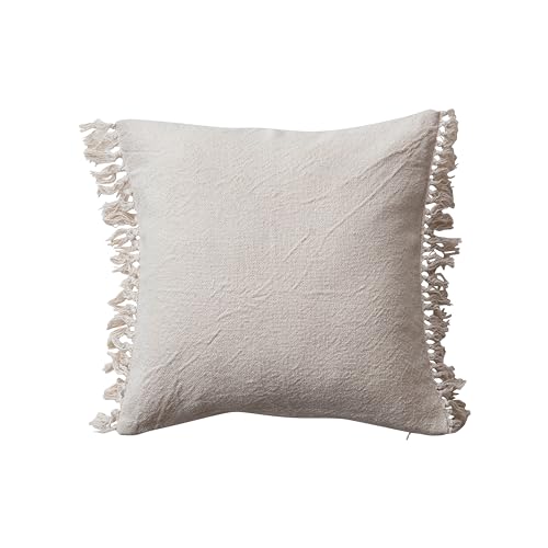 Creative Co-Op Soft Cotton Pillow with Fringe, White, Square, Natural