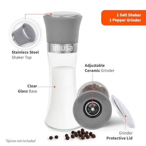 Image of IMUSA Salt Shaker and Pepper Grinder Set, 2-Pack, Manual | Adjustable ceramic core for fine-to-coarse grinding, ergonomic grip, glass base resists stains, 6oz means fewer refills