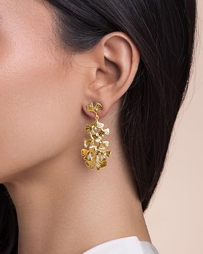 18K gold plated Dangle Textured Chunky Ginkgo Leaf Shell Tiered Statement Earrings for Women by SNGIA, Dainty Handmade Trendy Summer Drop Flower Jewelry Gifts, Thin Beachy Vintage Plant Fashion Drop Accessories, Vintage Nickle Free Floral Dangling Earrings.4