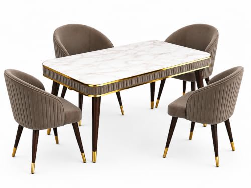 Image of WOODEN SPACE Majestic 4 Seater Wooden Dining Table Set | Urban Marble Top Dining Table with Chairs for Dining Room & Kitchen (Brown Majestic Classic Backline)