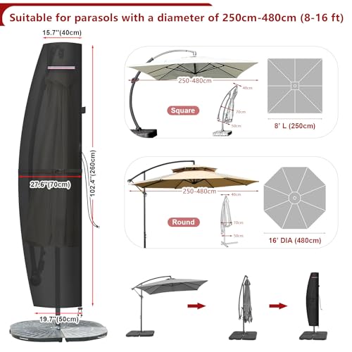 LAMUNI Funda Sombrilla Jardin, Funda para Sombrilla con Varilla, Funda Parasol de Playa Exterior Funda Protectora para Parasol, Funda Impermeable para Sombrilla Colgante de Ø3-5m, 260x40/70/50cm - imagen 2