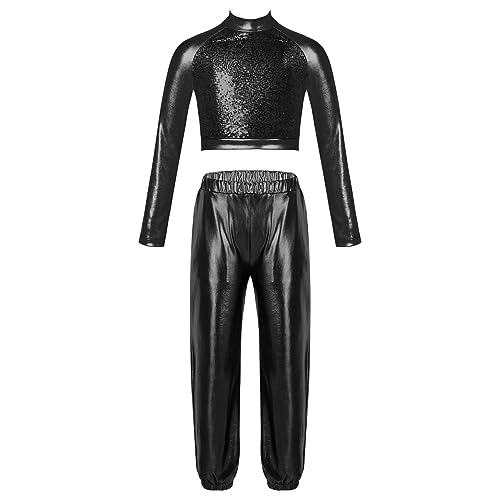 JanJean Kids Girls 2Pcs Dance Tracksuit Shiny Metallic Crop Top with Athletic Sweatpants Jazz Hip Hop Jazz Dance Costume Black 10 Years