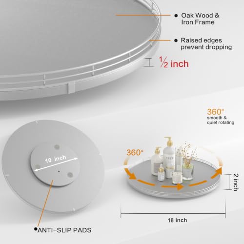 Image of Oroyutor 18-Inch Oak Lazy Susan Organizer with Silver Iron Rail | Oak wood base, silver iron rail and smooth 360-degree rotation for dining tables, kitchen counters and spice storage.