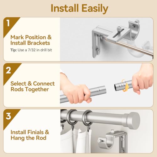 Image of YaFex Curtain Rods 2 Pack 32-144 Inch, Heavy Duty 1 Inch Curtain Rod, Silver Extra Long Adjustable Window Treatment Rods, Modern Design, Easy Installation