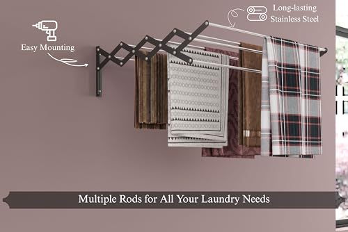 Image of UNOBRIGHT Foldable Wall Mounted Clothes Drying Stand | Heavy Duty Rust Free Stainless Steel Multi Rod Laundry Rack | 2 Feet, 9 Rods | Space Saving for Balcony, Bathroom & Laundry Room