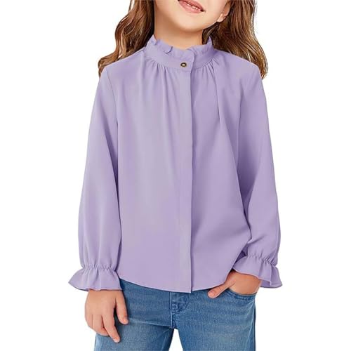 Girls Ruffle Long Sleeve Blouse Kids Button Down Uniform Dress Shirts Ruffled Stand Collar Chiffon Blouse Dressy Casual Tops
