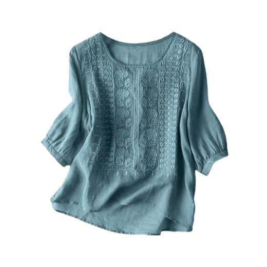 Chemise en Lin Femme Brodée D'été Tunique Bohe pour Femme Blouse Boheme Chic Chemisier en Lin Bohemia Vintage Boutonné T-Shirt 3/4 Manches Courtes Pull Elégant Casual Top (Blue-d, XL)