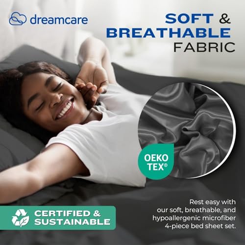 Image of DREAMCARE Queen Sheet Set - 4 pcs Breathable Cooling Sheets - up to 21 inch Extra Deep Pocket Queen Sheets Set with Side Pockets - Extra Soft 100% Brushed Hypoallergenic Hotel Luxury Bedding - Gray
