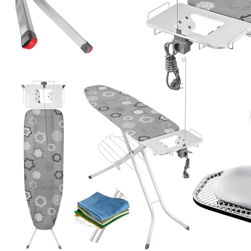 KADAX Klappbares Bügelbrett, 120x38cm Dampfbügelbrett mit Steckdose, Bügeltisch mit rutschfesten Füßen, Höhenverstellbares Bügelbrett mit Bügeleisenablage (Grau)