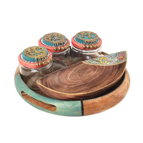 Image of AAKRITI ART CREATIONS Elegant Entertainers Serving & Snacking Set | Warli Art Wooden Tray with 3 Glass & Dhokra Jars | Glossy Multicolor Kitchen & Dining Table Decor