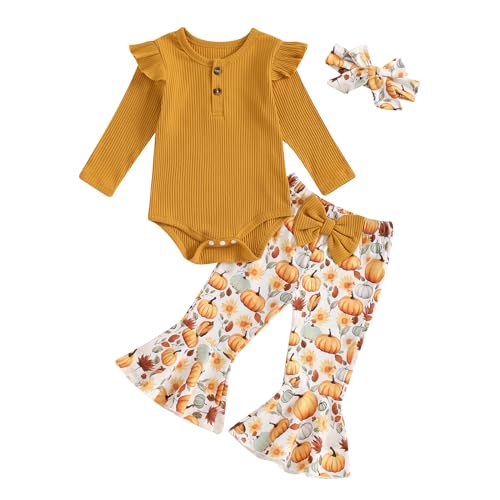 Emmababy Baby Girls Halloween Outfit Pumpkin Bell Bottoms Ribbed Romper Long Sleeve Bodysuit Ghost Flare Pants Headbands Set