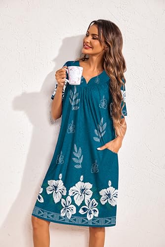 Image of Ekouaer 2 Pack House Dresses for Women with Pockets Short Sleeve Moo Moos Floral Print Mumu Dresses