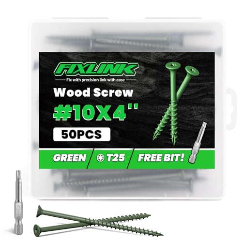 Image of Wood Screws 4 Inch, FIXLINK Deck Screws #10 x 4, 50 PCS, Epoxy Coated, T25 Star Bit Above 1500 Hour Salt Spray Coating Outdoor Decking Screws Excellent Rust Resistant for Wood Fence, Green