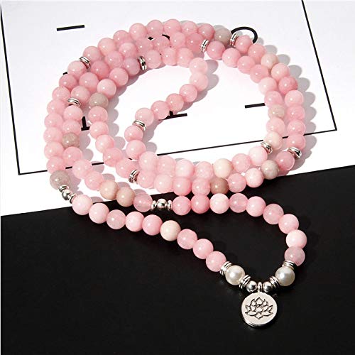QYQMYK Hecho A Mano 108 Mala Pulsera De Cuentas De Cuarzo De Cristal Rosa Natural Flor De Loto Pulsera De Encanto De La Suerte Joyería para Mujeres Cover