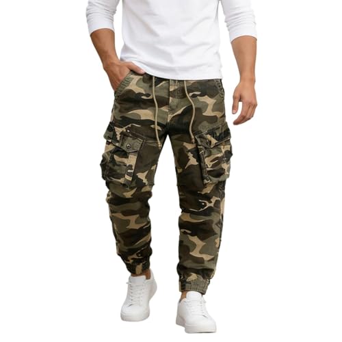 Pantalones cargo de camuflaje para hombre, pantalones deportivos para hombre, parcialmente elástico con cordón en la cintura, botones y puños, bolsillos laterales de carga para viajes de senderismo en