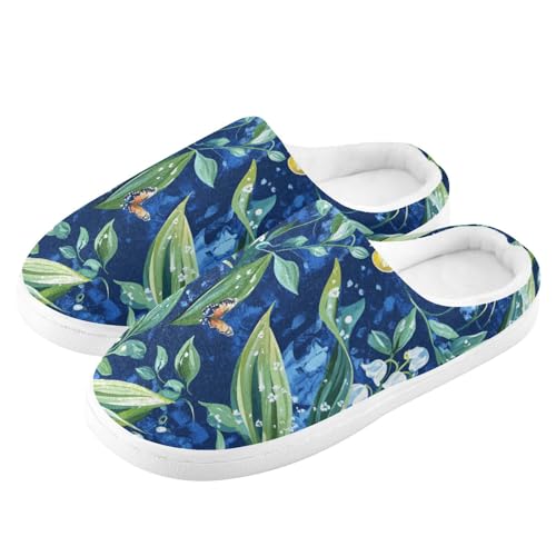 JUNZAN Chic Lily Blue Women Cotton Slippers Non Slip Memory Foam Hotel Slippers for Spa Birthday Presents 6-74