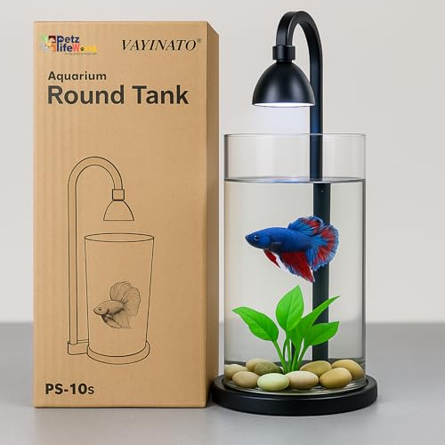 Image of VAYINATO Mini Acrylic Desktop Fish Bowl PS-10 (Black /White) | 1.2L Capacity | 10cm Diameter x 20cm Height | Aquarium Bowl with Multi-Color Hanging LED Light | Ideal for Betta | Office & Home Decor